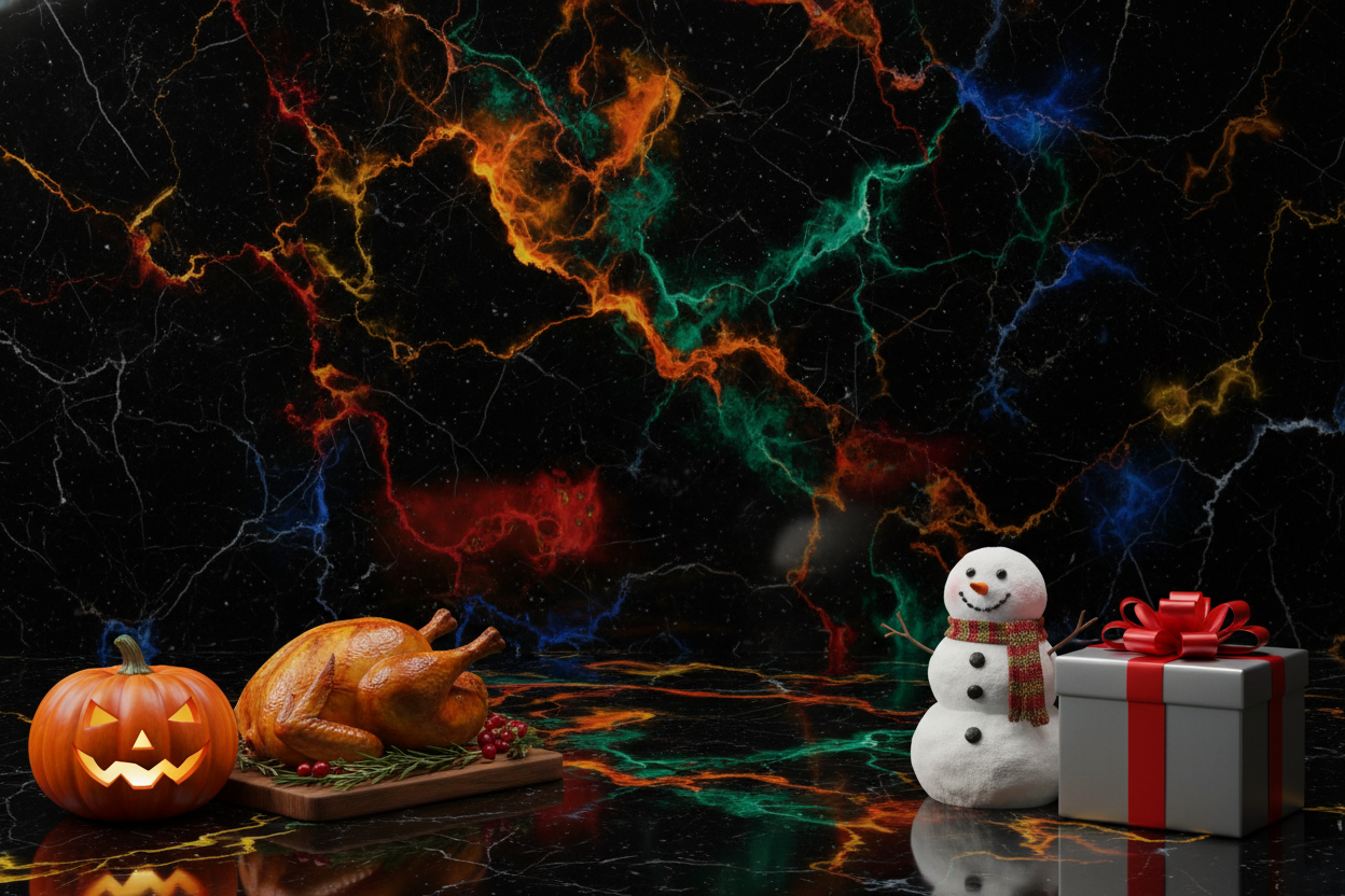 have a black marble background with orange yellow green red blue colors have a pumpkin and turkey on the bottom left and then have a snowman and a wrapped Christmas present on the right